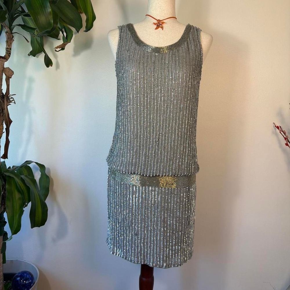Adrianna Papell Silk Beaded Silver Drop Waist Flapper Formal Dress Size 6